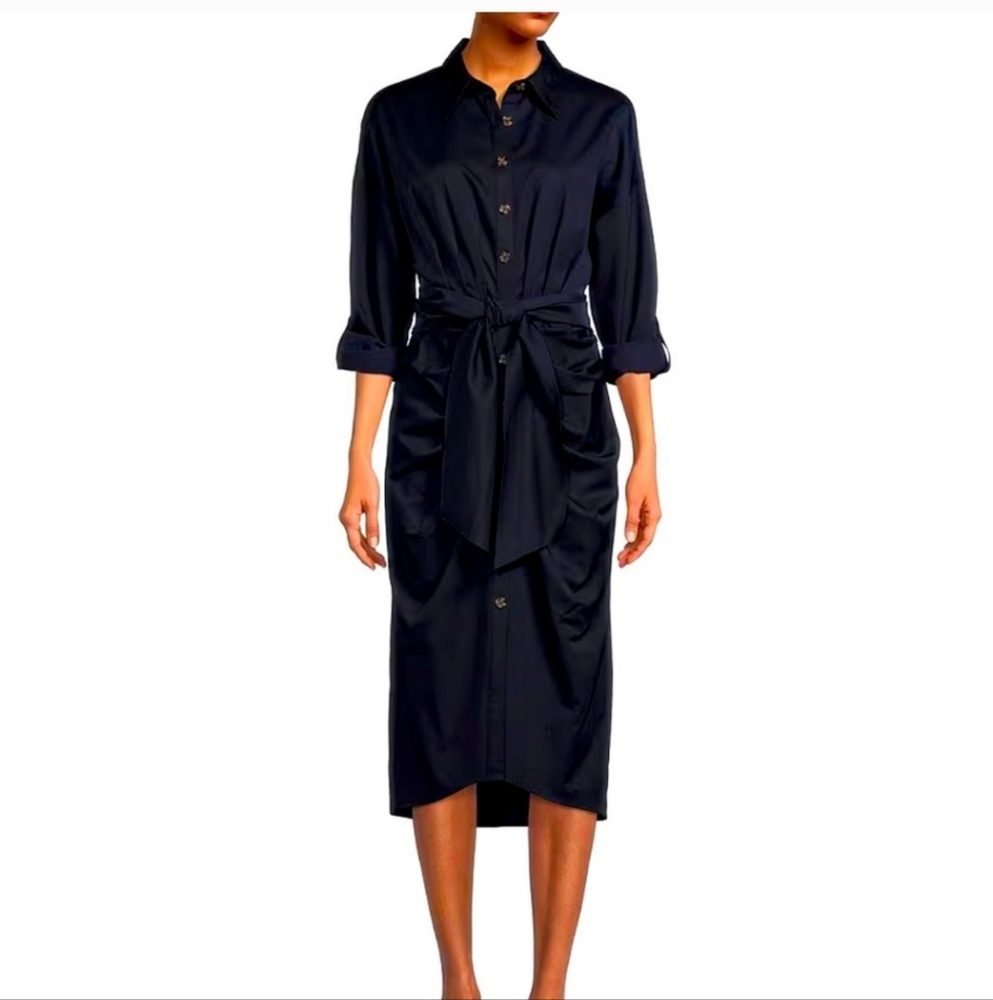 NWT Antonio Melani Roxanne Point Collar Ruched Tie Waist Button Front Dress